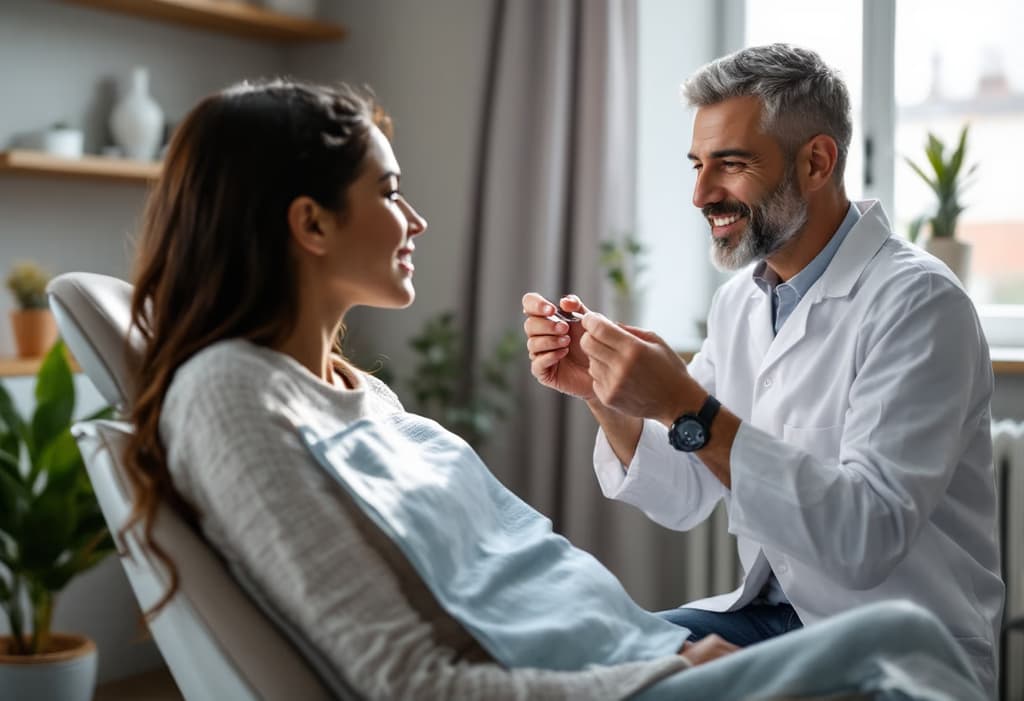 Dentist talking with a patient in a dental office